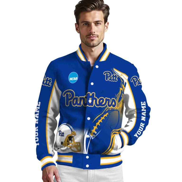 customized pittsburgh panthers flaming football royal blue white jacket high quality jacketwow