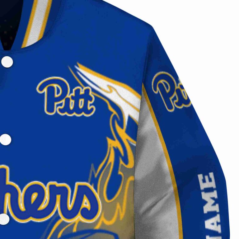customized pittsburgh panthers flaming football royal blue white jacket premium grade jacketwow