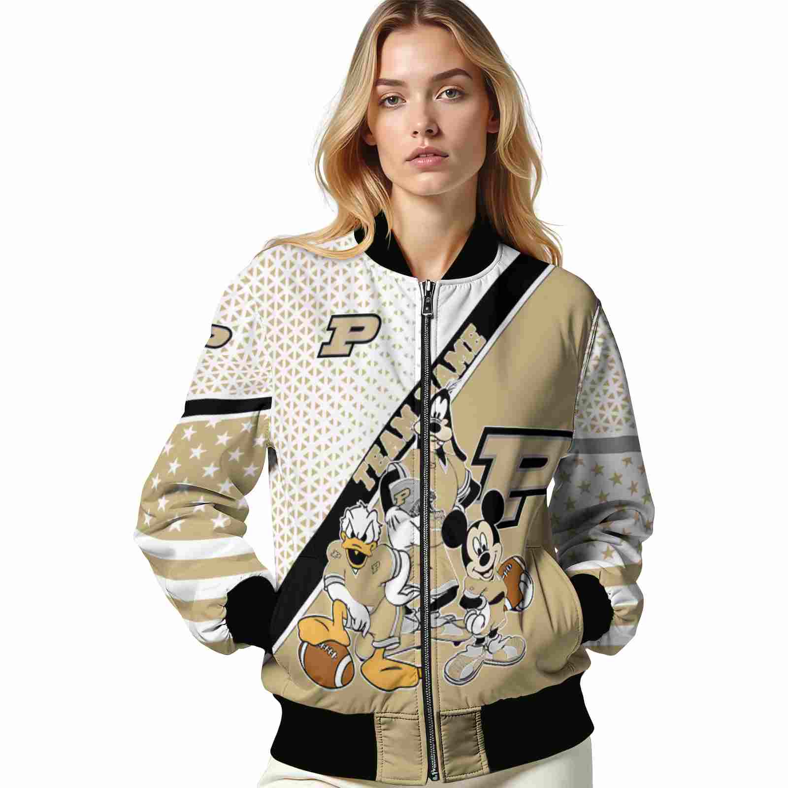 customized purdue boilermakers mickey donald goofy gold white jacket latest model jacketwow customized purdue boilermakers mickey donald goofy gold white jacket latest model jacketwow