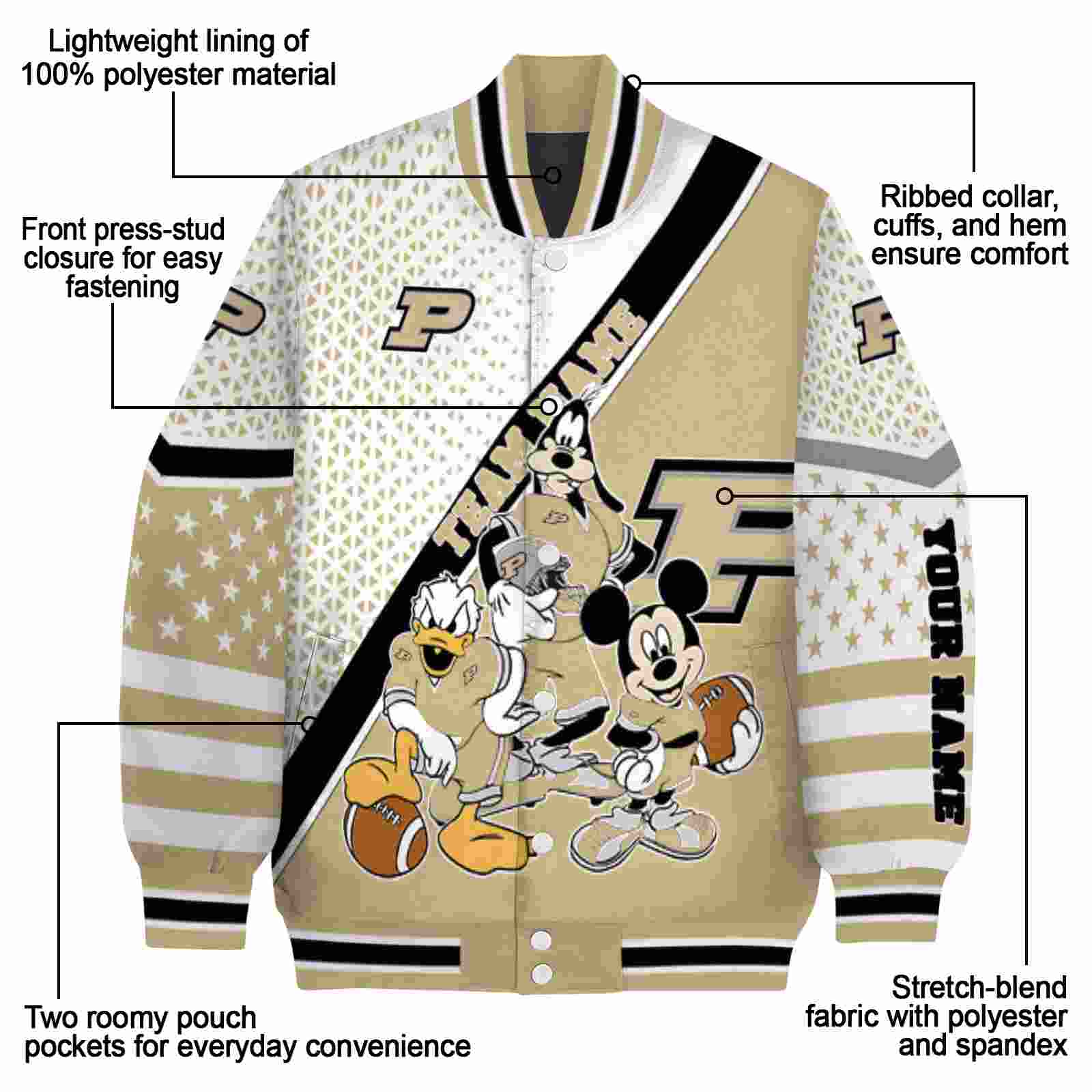customized purdue boilermakers mickey donald goofy gold white jacket new arrival jacketwow customized purdue boilermakers mickey donald goofy gold white jacket new arrival jacketwow