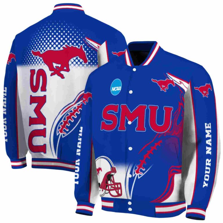 customized smu mustangs flaming football blue white jacket fashion forward jacketwow