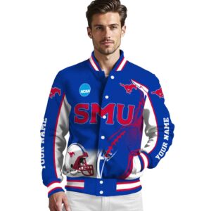customized smu mustangs flaming football blue white jacket high quality jacketwow