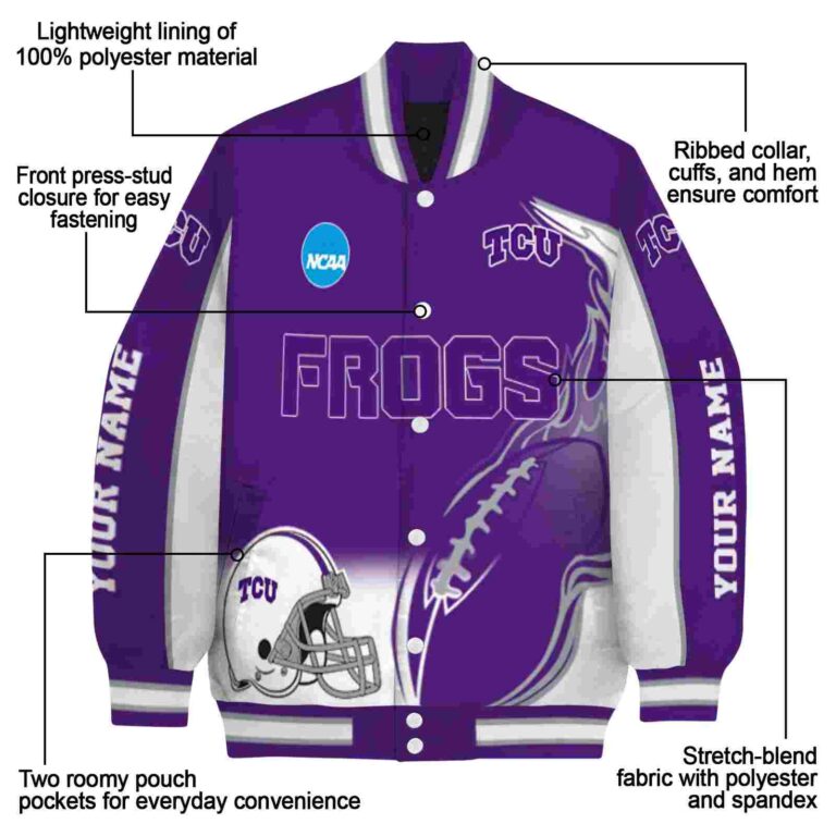 customized tcu horned frogs flaming football purple white jacket new arrival jacketwow