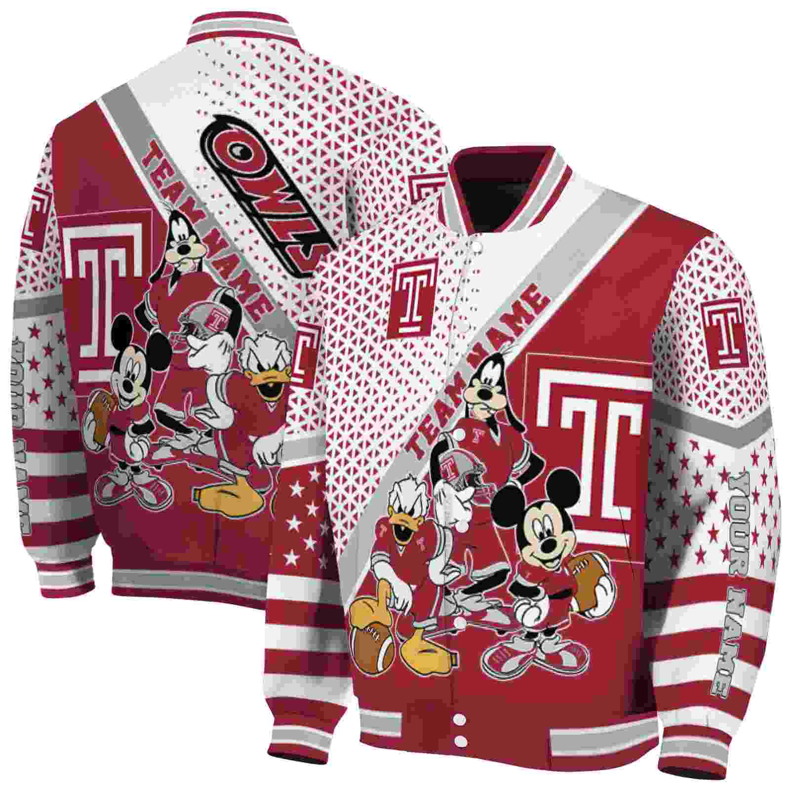 customized temple owls mickey donald goofy red white jacket fashion forward jacketwow customized temple owls mickey donald goofy red white jacket fashion forward jacketwow