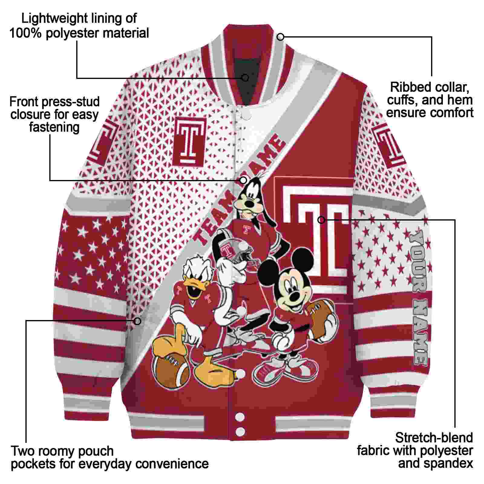 customized temple owls mickey donald goofy red white jacket new arrival jacketwow customized temple owls mickey donald goofy red white jacket new arrival jacketwow
