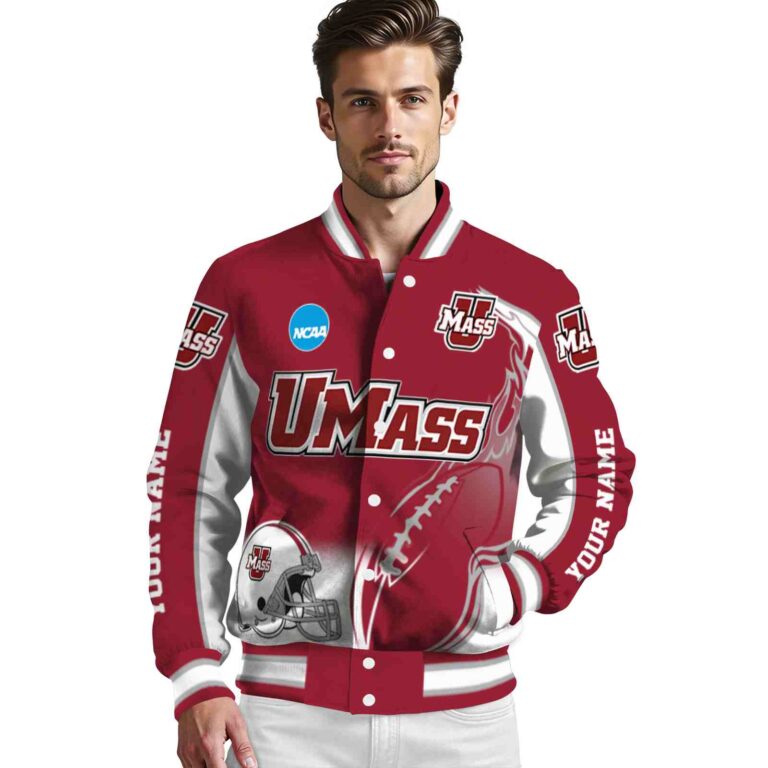 customized umass minutemen flaming football red white jacket high quality jacketwow