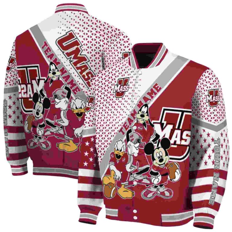 customized umass minutemen mickey donald goofy red white jacket fashion forward jacketwow