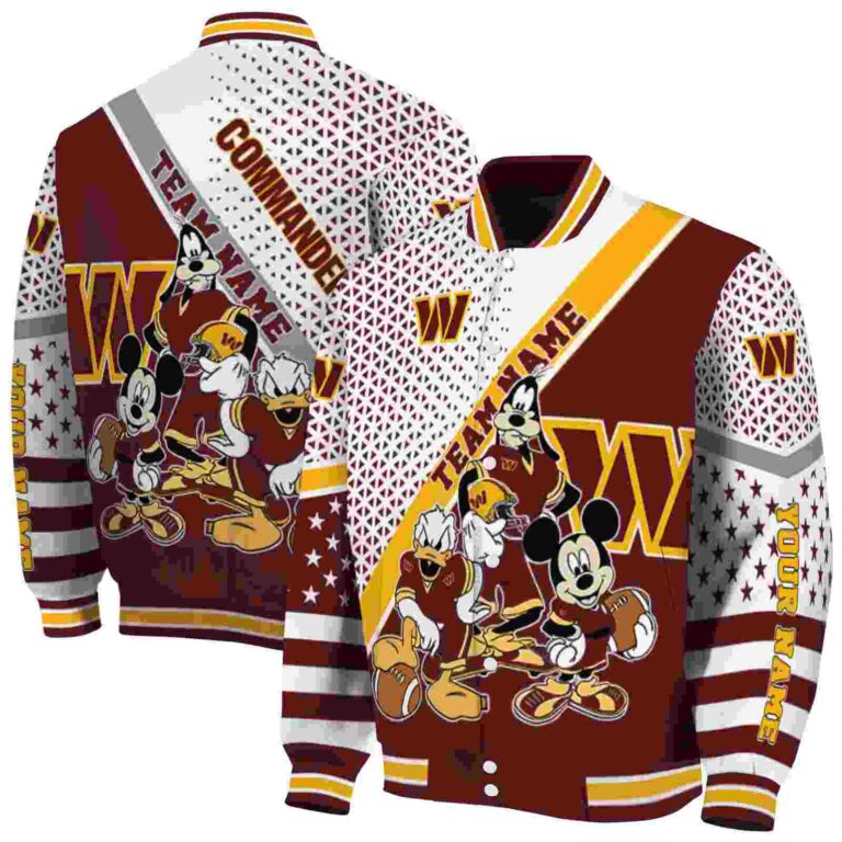 customized washington commanders mickey donald goofy burgundy white jacket fashion forward jacketwow