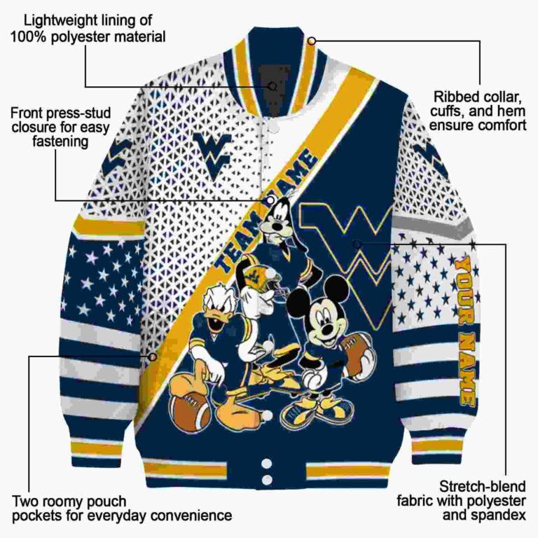 customized west virginia mountaineers mickey donald goofy blue white jacket new arrival jacketwow