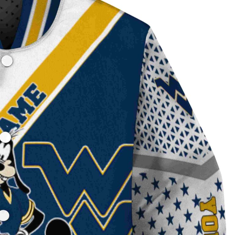 customized west virginia mountaineers mickey donald goofy blue white jacket premium grade jacketwow