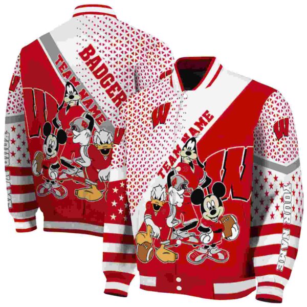 customized wisconsin badgers mickey donald goofy red white jacket fashion forward jacketwow