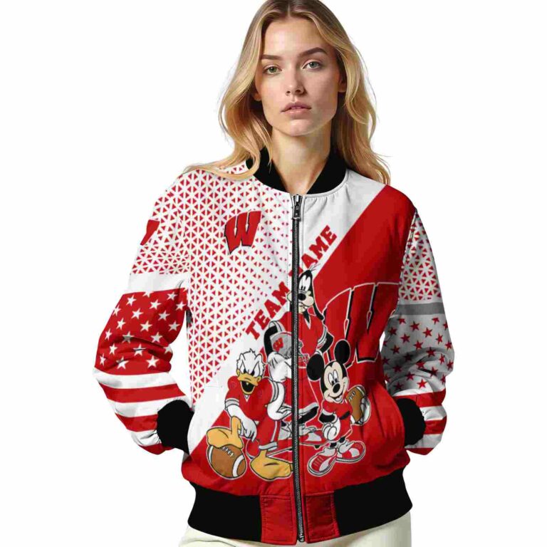 customized wisconsin badgers mickey donald goofy red white jacket latest model jacketwow