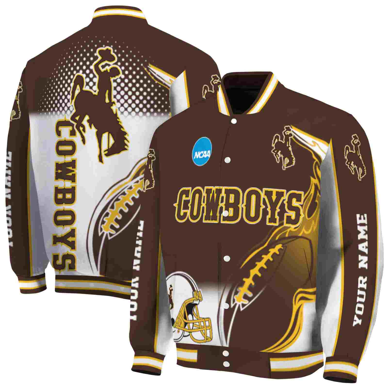 customized wyoming cowboys flaming football brown white jacket fashion forward jacketwow customized wyoming cowboys flaming football brown white jacket fashion forward jacketwow