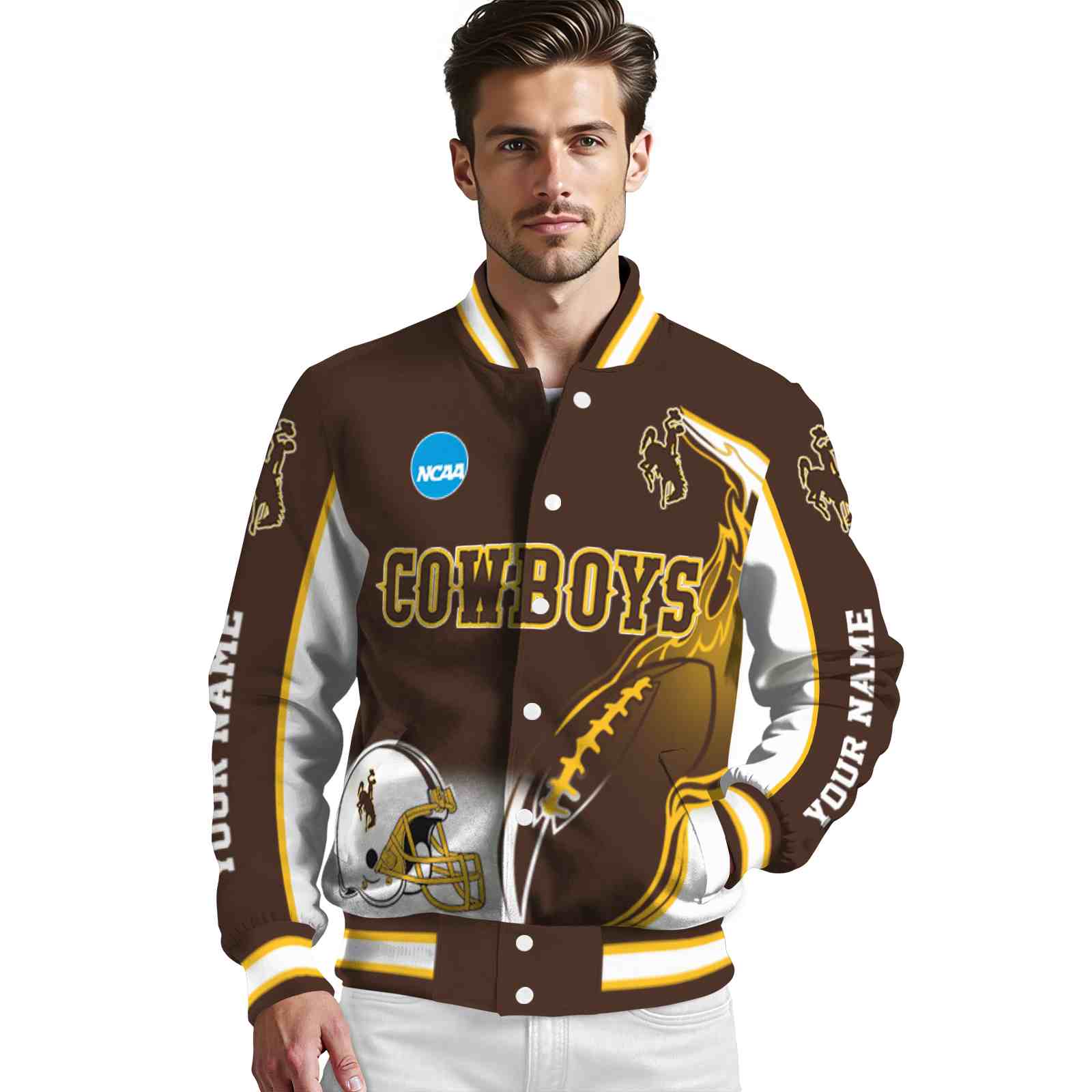 customized wyoming cowboys flaming football brown white jacket high quality jacketwow customized wyoming cowboys flaming football brown white jacket high quality jacketwow