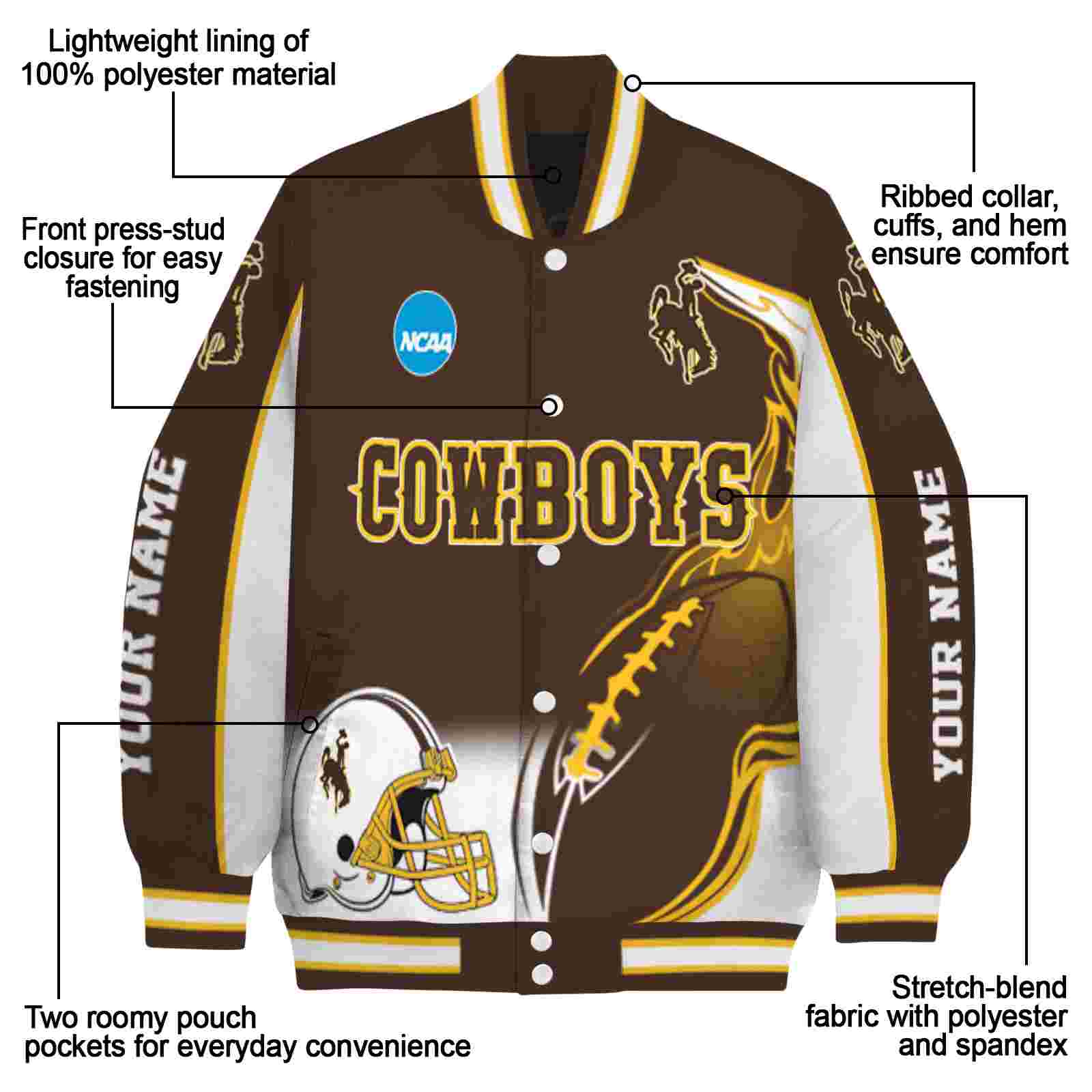 customized wyoming cowboys flaming football brown white jacket new arrival jacketwow customized wyoming cowboys flaming football brown white jacket new arrival jacketwow