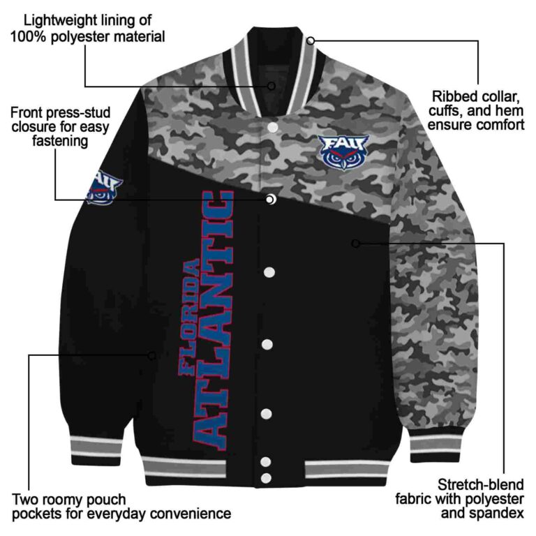 florida atlantic owls camo patchwork black jacket new arrival jacketwow