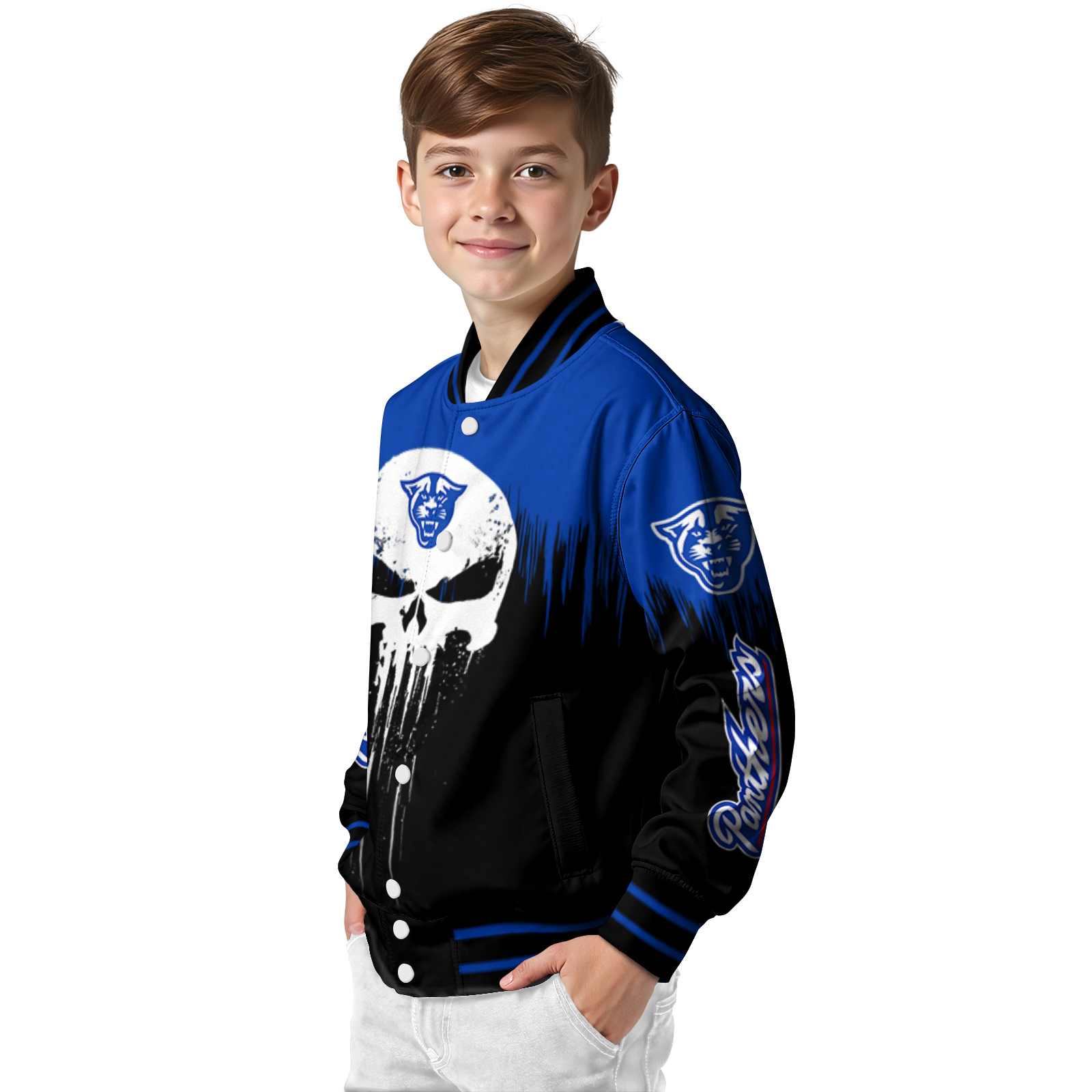 georgia state panthers punisher skull blue black white jacket trendy jacketwow georgia state panthers punisher skull blue black white jacket trendy jacketwow