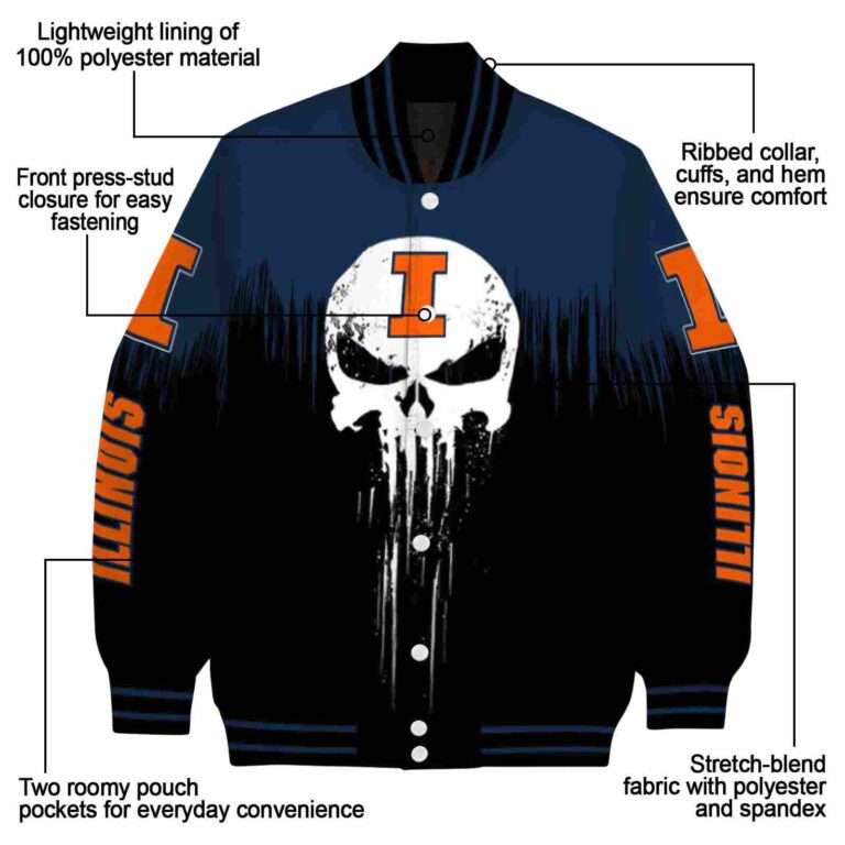 illinois fighting illini punisher skull blue black white jacket new arrival jacketwow