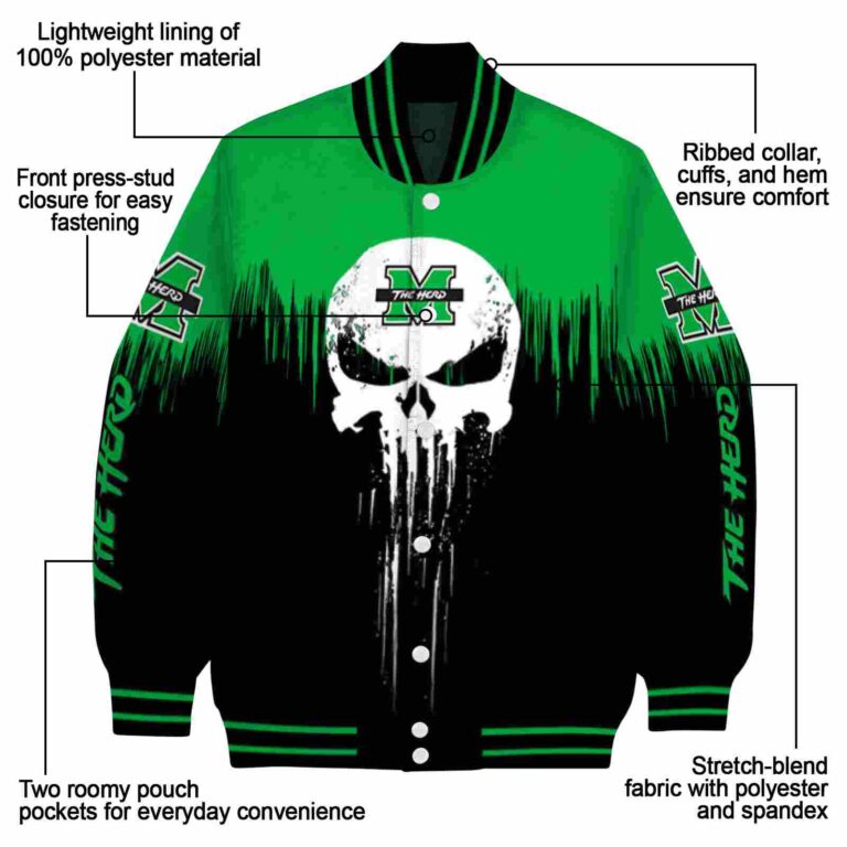 marshall thundering herd punisher skull green black white jacket new arrival jacketwow