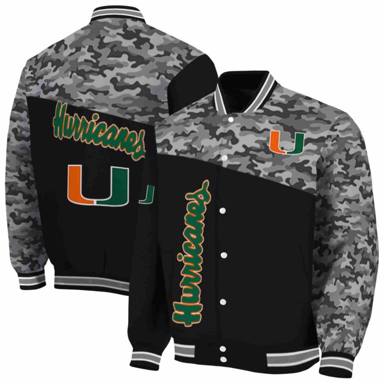 miami hurricanes camo patchwork black jacket fashion forward jacketwow