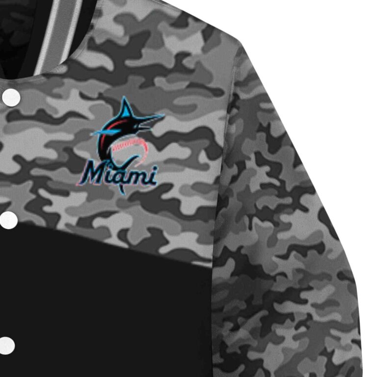 miami marlins camo patchwork black jacket premium grade jacketwow