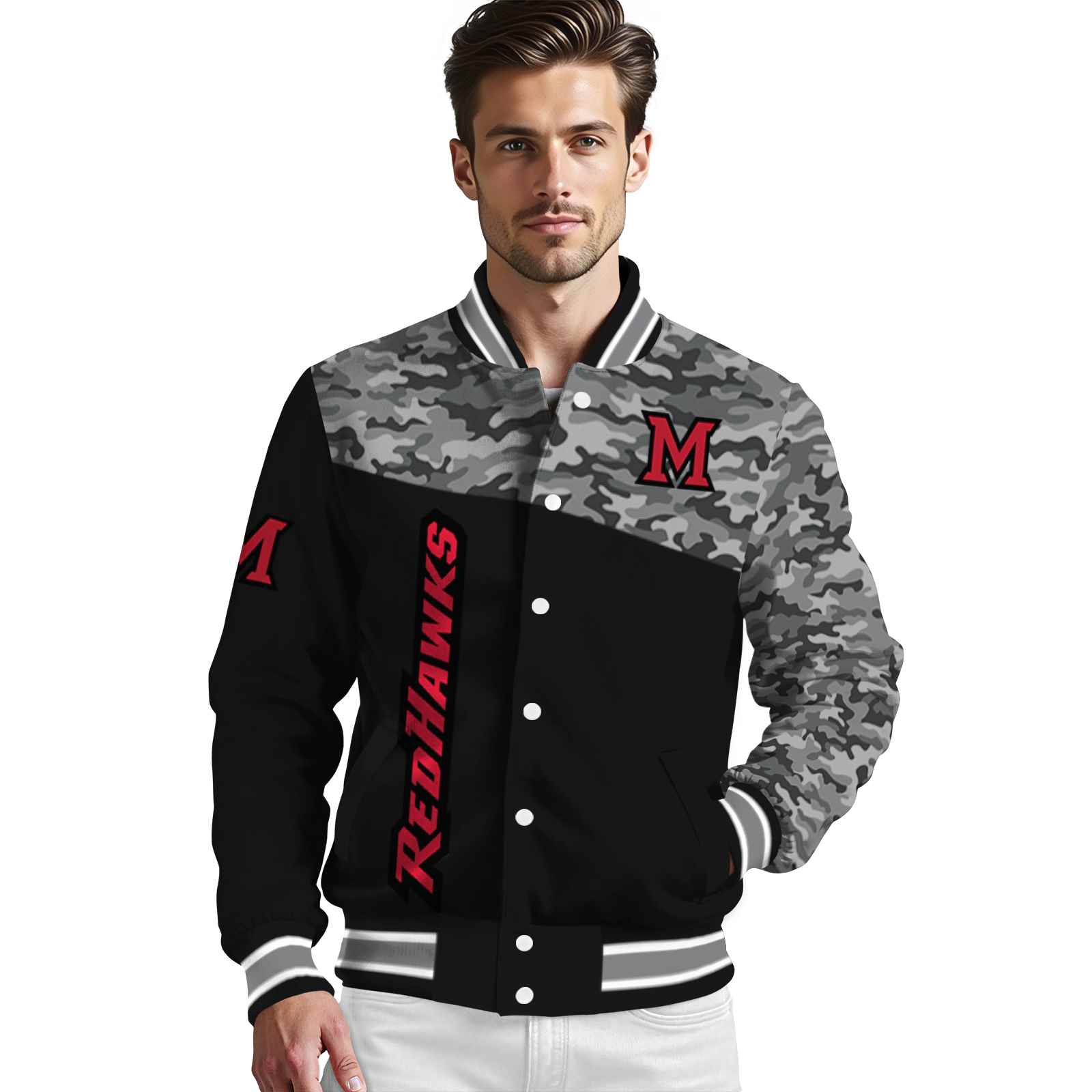 miami redhawks camo patchwork black jacket high quality jacketwow miami redhawks camo patchwork black jacket high quality jacketwow