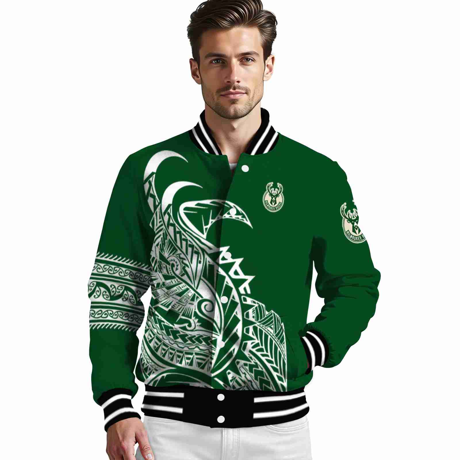 milwaukee bucks tribal art green white black jacket high quality jacketwow milwaukee bucks tribal art green white black jacket high quality jacketwow