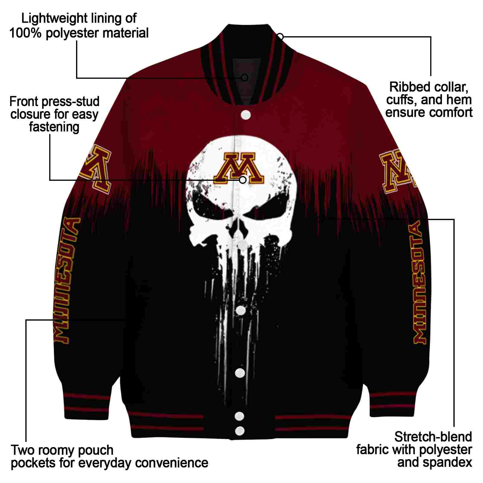 minnesota golden gophers punisher skull maroon black white jacket new arrival jacketwow minnesota golden gophers punisher skull maroon black white jacket new arrival jacketwow