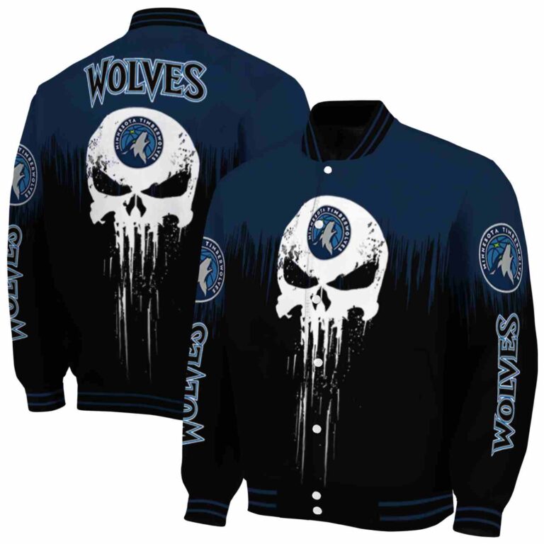 minnesota timberwolves punisher skull midnight blue black white jacket fashion forward jacketwow