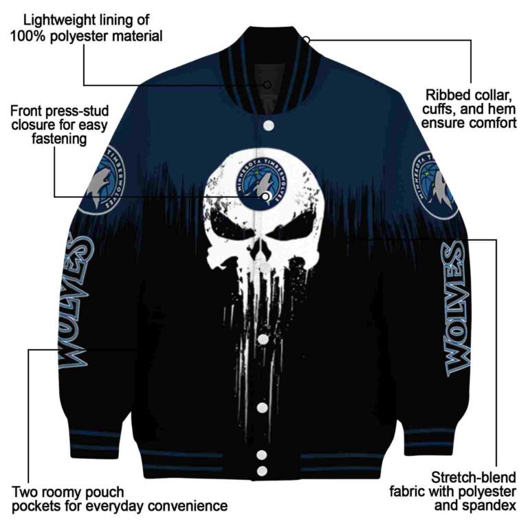minnesota timberwolves punisher skull midnight blue black white jacket new arrival jacketwow