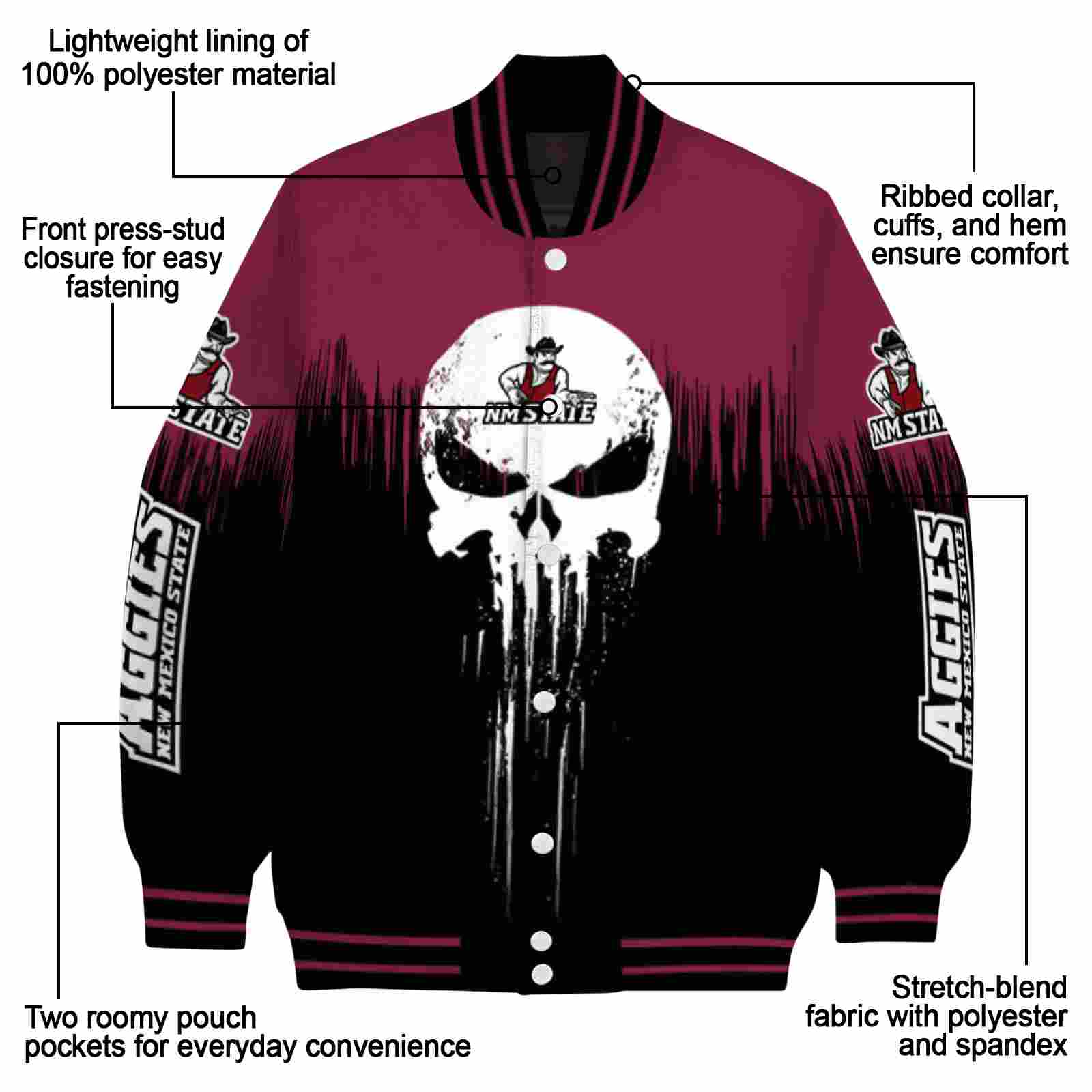 new mexico state aggies punisher skull crimson black white jacket new arrival jacketwow new mexico state aggies punisher skull crimson black white jacket new arrival jacketwow