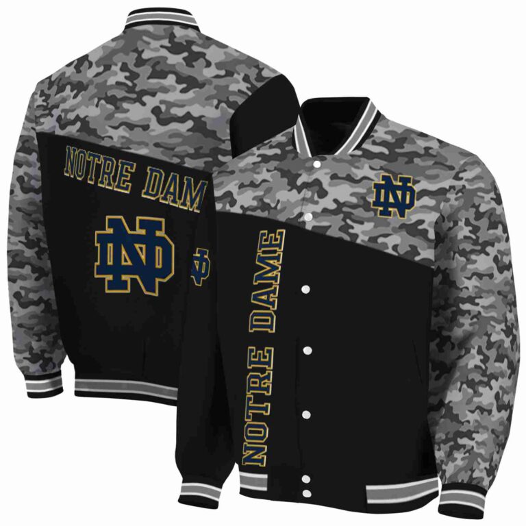 notre dame fighting irish camo patchwork black jacket fashion forward jacketwow
