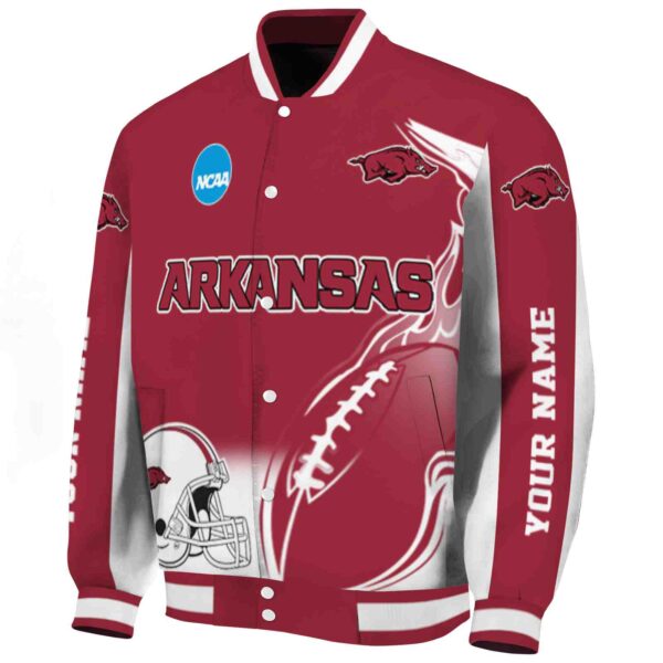 personalized arkansas razorbacks flaming football red white jacket best selling jacketwow