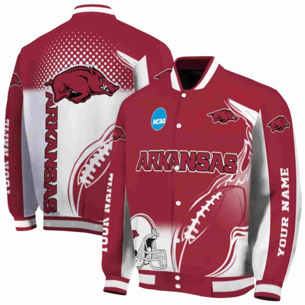 personalized arkansas razorbacks flaming football red white jacket fashion forward jacketwow