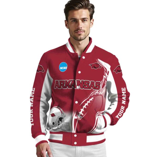 personalized arkansas razorbacks flaming football red white jacket high quality jacketwow