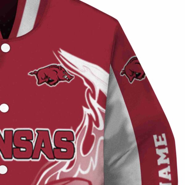 personalized arkansas razorbacks flaming football red white jacket premium grade jacketwow