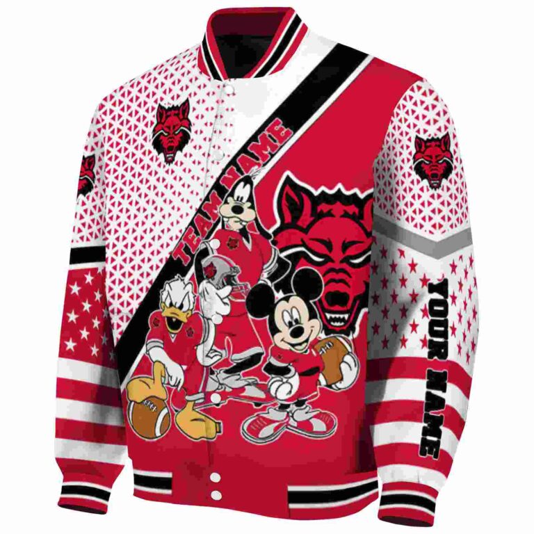 personalized arkansas state red wolves mickey donald goofy scarlet white jacket best selling jacketwow