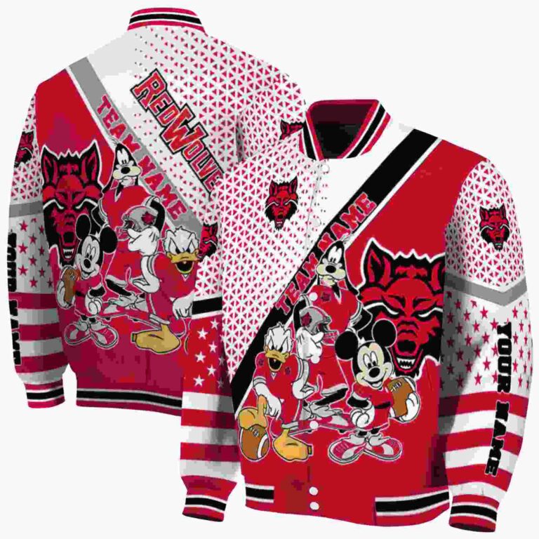 personalized arkansas state red wolves mickey donald goofy scarlet white jacket fashion forward jacketwow