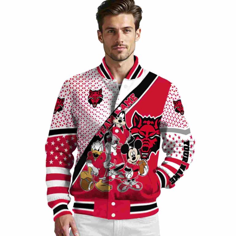 personalized arkansas state red wolves mickey donald goofy scarlet white jacket high quality jacketwow