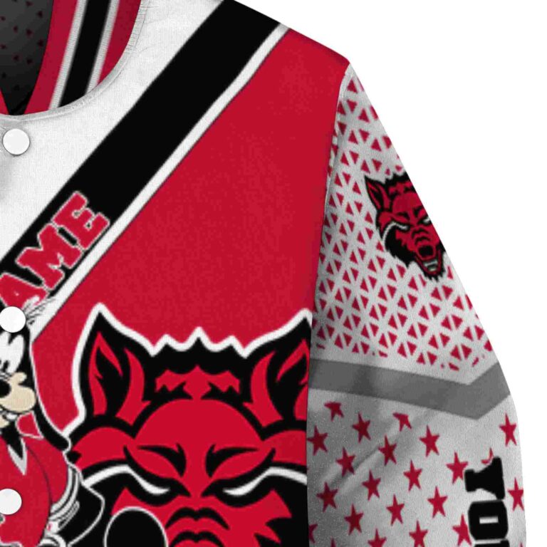 personalized arkansas state red wolves mickey donald goofy scarlet white jacket premium grade jacketwow