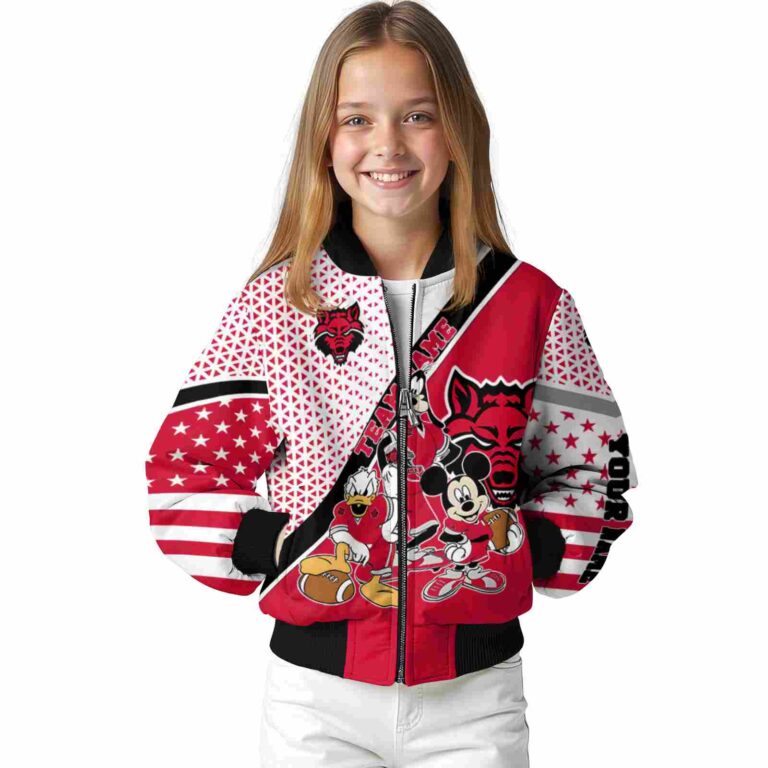 personalized arkansas state red wolves mickey donald goofy scarlet white jacket top rated jacketwow
