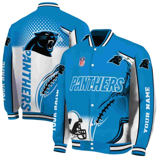 personalized carolina panthers flaming football blue white jacket fashion forward jacketwow