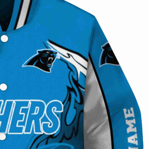 personalized carolina panthers flaming football blue white jacket premium grade jacketwow
