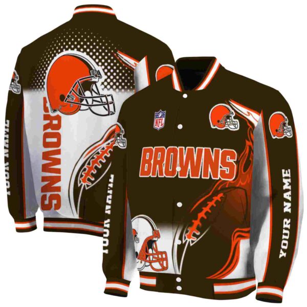 personalized cleveland browns flaming football brown white jacket fashion forward jacketwow