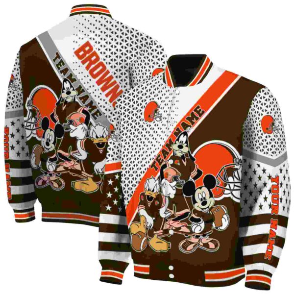 personalized cleveland browns mickey donald goofy brown white jacket fashion forward jacketwow