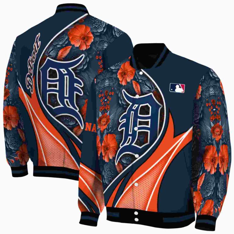 personalized detroit tigers floral print navy jacket fashion forward jacketwow
