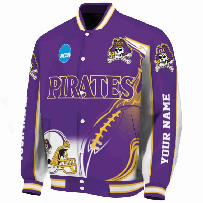 personalized east carolina pirates flaming football purple white jacket best selling jacketwow