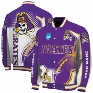personalized east carolina pirates flaming football purple white jacket fashion forward jacketwow