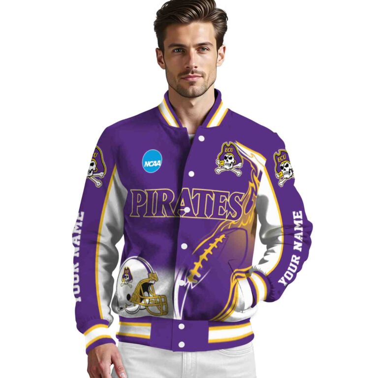 personalized east carolina pirates flaming football purple white jacket high quality jacketwow