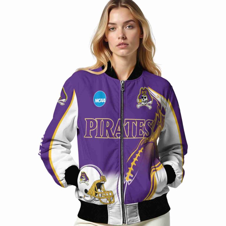 personalized east carolina pirates flaming football purple white jacket latest model jacketwow